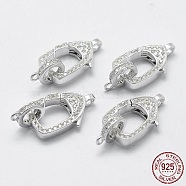Rhodium Plated 925 Sterling Silver Cubic Zirconia Lobster Claw Clasps, with 925 Stamp, Rectangle, Platinum, 25x12x3mm, Hole: 1mm and 2mm(STER-K169-01P)