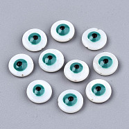 Natural Freshwater Shell Beads, with Enamel, Flat Round with Evil Eye, Light Sea Green, 10.5x4~5mm, Hole: 0.8mm(SHEL-T018-09B-02)