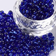 6/0 Glass Seed Beads, Silver Lined Round Hole, Round, Blue, 4mm, Hole: 1.5mm, about 1000pcs/100g(X1-SEED-A005-4mm-28)