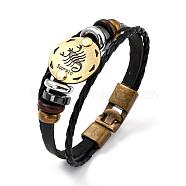 Braided Leather Cord Retro Multi-strand Bracelets, with Wood Beads, Hematite Beads and Alloy Findings, Flat Round,  Antique Bronze, Scorpio, 8-1/4 inch(21cm)(BJEW-L616-20E)