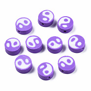 Handmade Polymer Clay Beads, Flat Round with Yin Yang, Purple, 9~10x9~10x4~7mm, Hole: 2mm(CLAY-T016-65H)