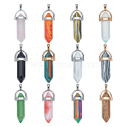 Natural & Synthetic Gemstone Pointed Pendants with Alloy Findings, Faceted Bullets, 40~42x8x8mm, Hole: 2mm, 12 colors, 1pc/color, 12pcs/set(G-PH0001-06)