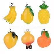 30Pcs 6 Style Resin Pendants, with Platinum Tone Iron Loops, Imitation Fruits, Orange & Banana & Mango & Peach & Pomegranate & Pineapple, Mixed Color, 24~35x22~21mm, Hole: 2 mm, 5pcs/style, 30pcs/box(RESI-ZZ0001-02)