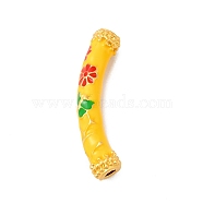 Pack Plating Alloy Enamel Beads, Matte Gold Color, Curved Tube with Flower, Gold, 9.5x37x7mm, Hole: 3mm(ENAM-M048-33MG-C)