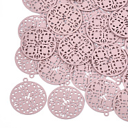430 Stainless Steel Filigree Pendants, Spray Painted, Etched Metal Embellishments, Flat Round, Pink, 22x20x0.3mm, Hole: 1.5mm(STAS-T042-10E)