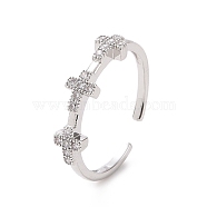 Clear Cubic Zirconia Cross Open Cuff Ring, Brass Jewelry for Women, Platinum, Inner Diameter: 17.6mm(RJEW-I094-11P)