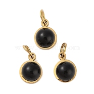 Ion Plating(IP) Natural Black Onyx(Dyed & Heated) Half Round Charms with Jump Ring, Golden Tone 316 Surgical Stainless Steel Charms, 7.5x6x3.5mm, Hole: 2.5mm(STAS-A097-05G-10)