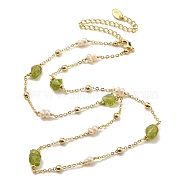 Natural Pearl & Natural Peridot Beaded Necklaces, Brass Jewelry for Women, Real 14K Gold Filled, 17.32 inch(44cm)(NJEW-M214-03G)