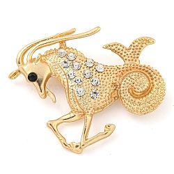 Golden Zinc Alloy with Rhinestone Brooches, Twelve Constellations, Capricorn, 44.5x52x10mm(JEWB-B018-03G-10)