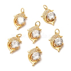 Brass Micro Pave Clear Cubic Zirconia Pendants, Long-Lasting Plated, Dolphin, Real 18K Gold Plated, 19x13x4mm, Hole: 3.5mm, Ring: 5x1mm(ZIRC-P086-23G)
