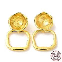 925 Sterling Silver Stud Earring Findings, Irregular Square Dangle Earring, with S925 Stamp, for Half Drilled Beads, Real 18K Gold Plated, 20x13x5mm, Pin: 0.7mm(STER-M114-18G)