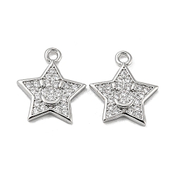 Brass Micro Pave Clear Cubic Zirconia Charms, Star with Smile Face, Real Platinum Plated, 13x11x1.5mm, Hole: 1.2mm(KK-H460-17P)