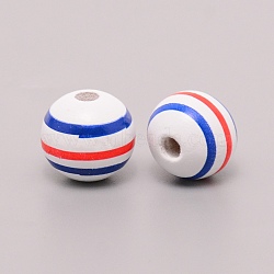Wooden Beads, Painted with Independence Day Pattern, Round with Stripe Pattern, Blue, 16~16.5mm, Hole: 4mm(WOOD-WH0015-93)