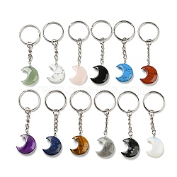 Reiki Natural & Synthetic Mixed Gemstone Moon Pendant Keychains, with Iron Keychain Rings, 7.8cm(KEYC-P015-01P)