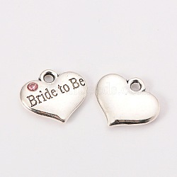 Wedding Theme Antique Silver Tone Tibetan Style Heart with Bride to Be Rhinestone Charms, Cadmium Free & Lead Free, Light Rose, 14x16x3mm, Hole: 2mm(TIBEP-N005-10B)