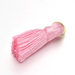 Nylon Tassel Pendant Decorations, with Golden Tone Iron Findings, Pink, 27~30x15mm, Jump Ring: 4mm, Hole: 4x2mm, 10pcs/bag(FIND-D015-10G)
