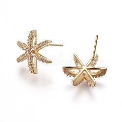 Brass Micro Pave Cubic Zirconia Ear Stud Components, Snowflake, Clear, Golden, 16x14x5mm, Pin: 0.7mm(EJEW-O089-01G)