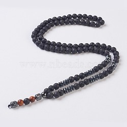 Natural Lava Rock Beads Pendant Necklaces, with Sandalwood Beads and Synthetic Hematite, Buddha, 31.5 inch(80cm), Pendant: 55x8mm(NJEW-I221-02E)