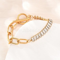 304 Stainless Steel Pave Clear Cubic Zirconia Link Bracelets, Paperclip Chain Bracelets for Women, Rectangle, Ion Plating(IP), Long-Lasting Plated, Golden, 6.69 inch(17cm)(BJEW-D460-10G)