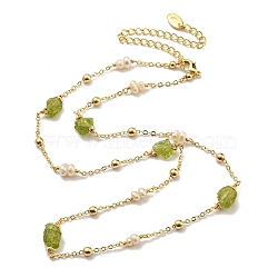 Natural Pearl & Natural Peridot Beaded Necklaces, Brass Jewelry for Women, Real 14K Gold Plated, 17.32 inch(44cm)(NJEW-M214-03G)