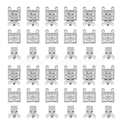 100 Sets 2-Strands 4-Holes 304 Stainless Steel Box Clasps, Multi-Strand Clasps, Rectangle with Flower, Stainless Steel Color, 15x10x3mm, Hole: 1mm(STAS-DC0012-94)