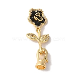 Brass Micro Pave Cubic Zirconia Fold Over Clasps, Enamel Flower, Black, 39mm, Hole: 1.8mm(KK-B098-05G-01)