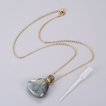 Natural Labradorite Openable Perfume Bottle Pendant Necklaces, with Stainless Steel Cable Chain and Plastic Dropper, Heart, 50~55cm, Bottle Capacity: 0.15~0.3ml(0.005~0.01 fl. oz), 2mm