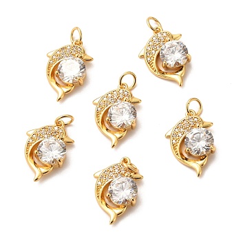Brass Micro Pave Clear Cubic Zirconia Pendants, Long-Lasting Plated, Dolphin, Real 18K Gold Plated, 19x13x4mm, Hole: 3.5mm, Ring: 5x1mm