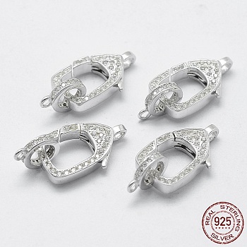 Rhodium Plated 925 Sterling Silver Cubic Zirconia Lobster Claw Clasps, with 925 Stamp, Rectangle, Platinum, 25x12x3mm, Hole: 1mm and 2mm