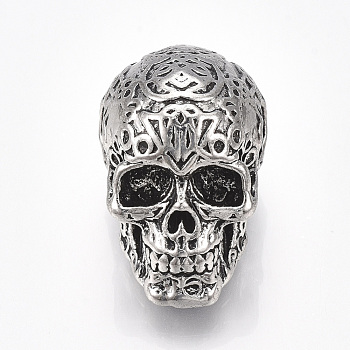 Tibetan Style Alloy Beads, Skull, Antique Silver, 37x23x25mm, Hole: 7.5mm