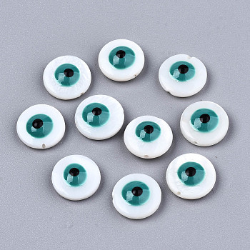 Natural Freshwater Shell Beads, with Enamel, Flat Round with Evil Eye, Light Sea Green, 10.5x4~5mm, Hole: 0.8mm