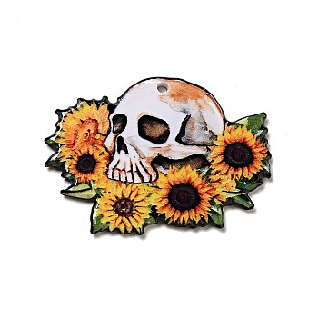 Halloween Printed Acrylic Pendants, Skull with Sunflower Charms, 29x40x2mm, Hole: 1.6mm