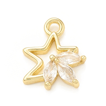 Clear Glass Pendnants, with Brass Findings, Star Charms, Real 18K Gold Plated, 11x9x2mm, Hole: 1.4mm