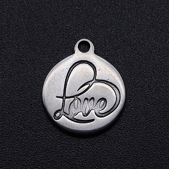 Valentine's Day Theme, 201 Stainless Steel Charms, Flat Round with Heart word LOVE, Antique Silver, 14x12x1mm, Hole: 1.4mm