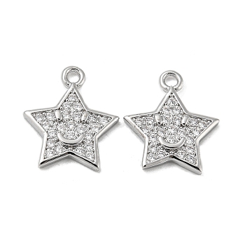 Brass Micro Pave Clear Cubic Zirconia Charms, Star with Smile Face, Real Platinum Plated, 13x11x1.5mm, Hole: 1.2mm
