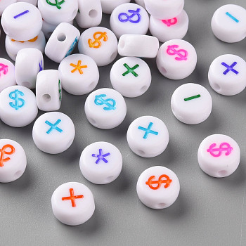 Craft Style White Acrylic Hashtag Beads, Flat Round with Mixed Color English Character, Mixed Color, 7x3.5mm, Hole: 1.5mm, about 4540pcs/500g.