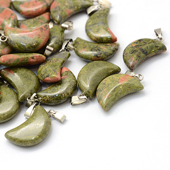 Moon Natural Unakite Pendants, with Platinum Tone Brass Findings, 21~24x12~14x5~6mm, Hole: 2x7mm