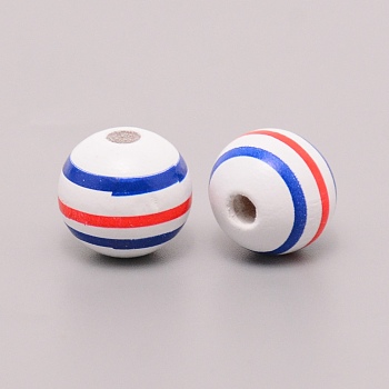 Wooden Beads, Painted with Independence Day Pattern, Round with Stripe Pattern, Blue, 16~16.5mm, Hole: 4mm