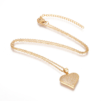 304 Stainless Steel Pendant Necklaces, with Brass Cubic Zirconia Pendants, Heart, Golden, 17 inch(43.2cm), Pendant: 18.5x18.7x4.7mm