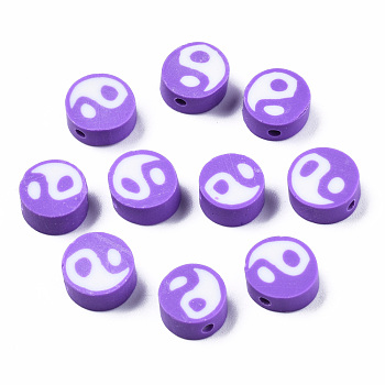 Handmade Polymer Clay Beads, Flat Round with Yin Yang, Purple, 9~10x9~10x4~7mm, Hole: 2mm
