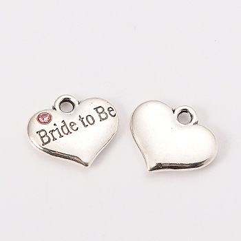 Wedding Theme Antique Silver Tone Tibetan Style Heart with Bride to Be Rhinestone Charms, Cadmium Free & Lead Free, Light Rose, 14x16x3mm, Hole: 2mm