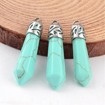 Dyed Bullet Synthetic Turquoise Pointed Pendants, with Platinum Tone Alloy Findings, 33~40x8~10mm, Hole: 3x2mm