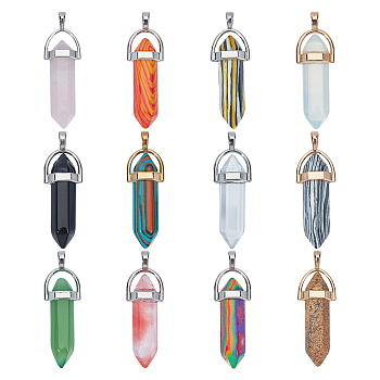 Natural & Synthetic Gemstone Pointed Pendants with Alloy Findings, Faceted Bullets, 40~42x8x8mm, Hole: 2mm, 12 colors, 1pc/color, 12pcs/set