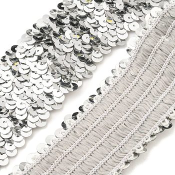 Plastic Paillette Elastic Beads, Sequins Beads, Ornament Accessories, 5 Rows Paillette Roll, Silver, 1-3/4~1-7/8 inch(46~48mm)