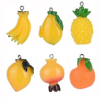 30Pcs 6 Style Resin Pendants, with Platinum Tone Iron Loops, Imitation Fruits, Orange & Banana & Mango & Peach & Pomegranate & Pineapple, Mixed Color, 24~35x22~21mm, Hole: 2 mm, 5pcs/style, 30pcs/box
