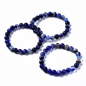 Natural Striped Agate/Banded Agate Beaded Stretch Bracelets, Dyed, Round, Royal Blue, 2-1/8 inch(55mm)