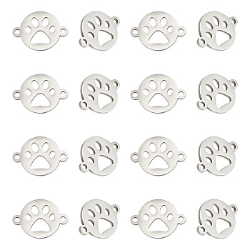 16Pcs 201 Stainless Steel Links Connectors, Flat Round with Dog Paw Print, Stainless Steel Color, 12x15.5x0.8mm, Hole: 0.8mm