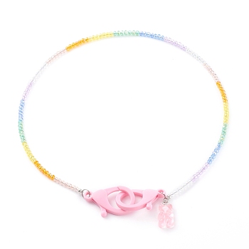 Rainbow Personalized Electroplate Glass Beaded Necklaces, Eyeglass Chains, Handbag Chains, with Resin Bear Pendants and Plastic Lobster Claw Clasps, Pearl Pink, 19.49 inch(49.5cm)