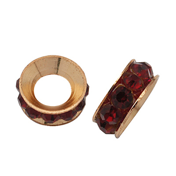Brass Rhinestone Spacer Beads, Grade A, Rondelle, Siam, 9x4mm