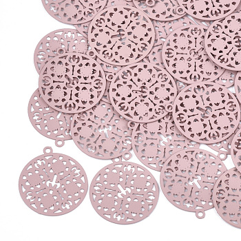 430 Stainless Steel Filigree Pendants, Spray Painted, Etched Metal Embellishments, Flat Round, Pink, 22x20x0.3mm, Hole: 1.5mm